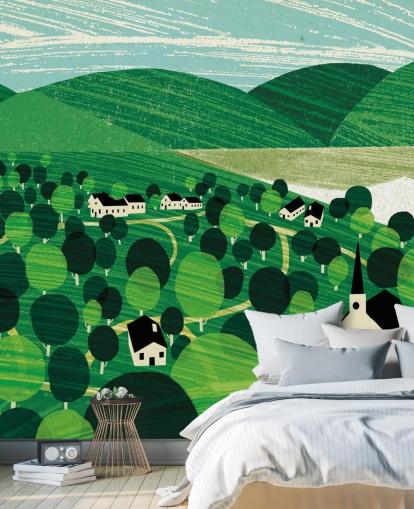 green rolling hills and white cottages wallpaper