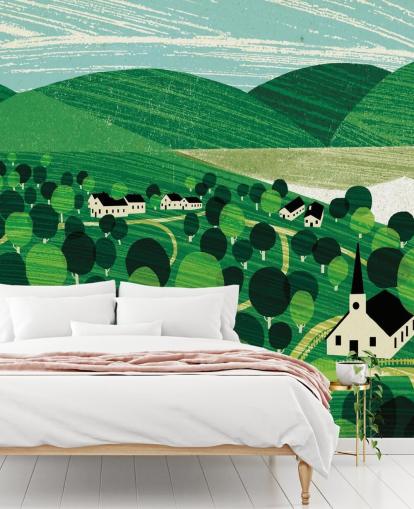 papel pintado de colinas verdes y cabañas blancas