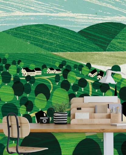 papel pintado de colinas verdes y cabañas blancas