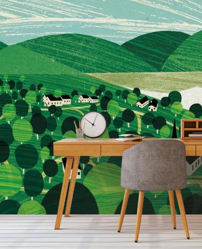 green rolling hills and white cottages wallpaper