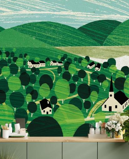 groene glooiende heuvels en witte huisjes behang groene glooiende heuvels en witte huisjes behang