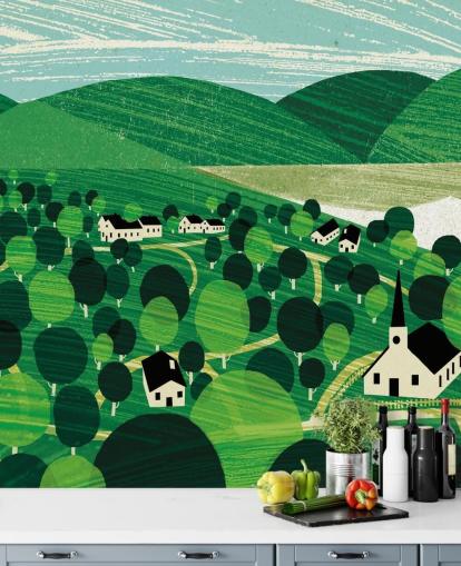 green rolling hills and white cottages wallpaper