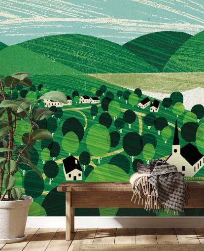 fond d'écran de collines vertes et de chalets blancs