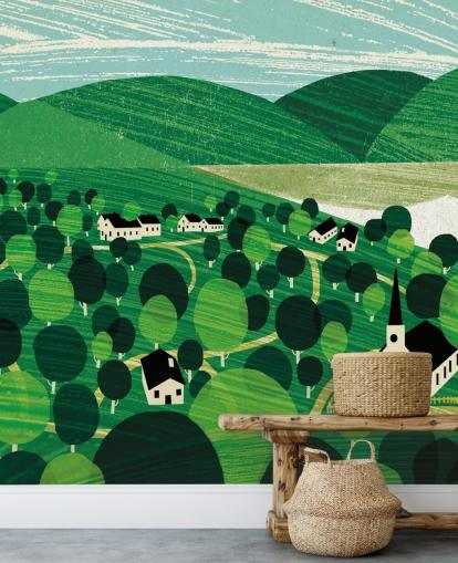 green rolling hills and white cottages wallpaper