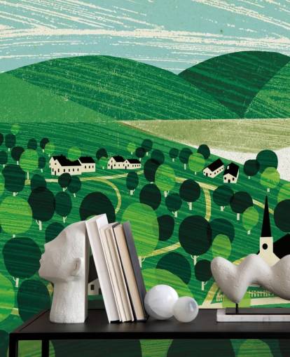 colinas verdes e chalés brancos papel de parede colinas verdes e chalés brancos papel de parede