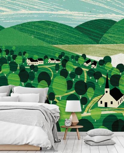 fond d'écran de collines vertes et de chalets blancs