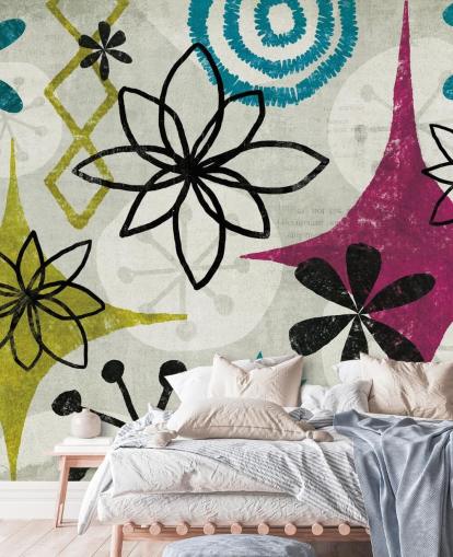 papel pintado estampado morado, verde y gris