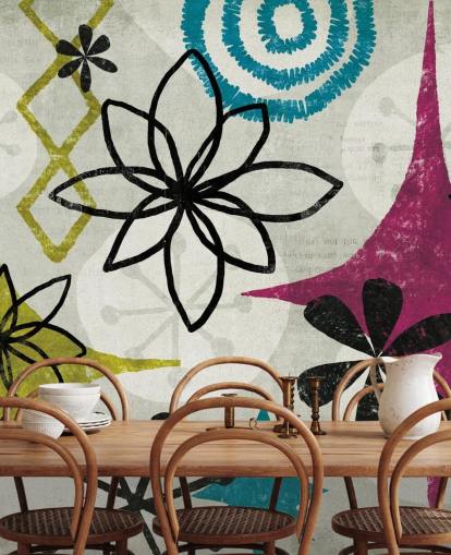 purple, green and grey patterned wallpaper