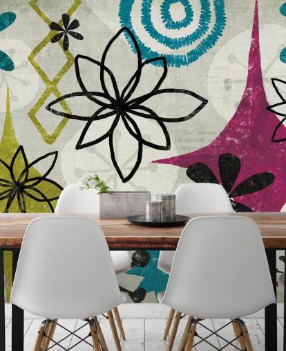 papel pintado estampado morado, verde y gris