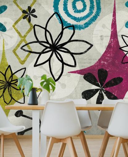 papel pintado estampado morado, verde y gris