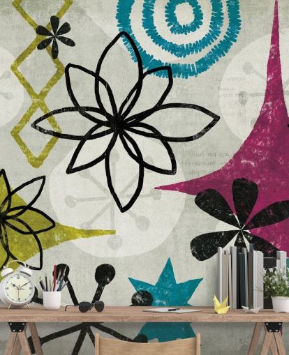 purple, green and grey patterned wallpaper