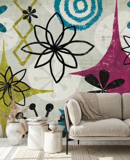 behang met paars, groen en grijs patroon