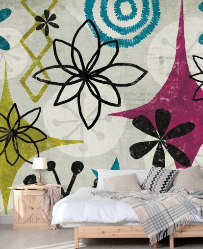 purple, green and grey patterned wallpaper