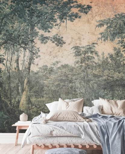 mural de papel de parede vintage de floresta ao sol