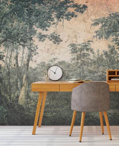 mural de papel de parede vintage de floresta ao sol