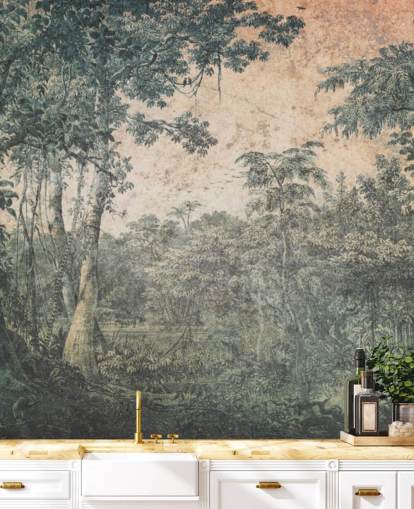 carta da parati murale vintage con foresta al sole