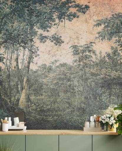 carta da parati murale vintage con foresta al sole