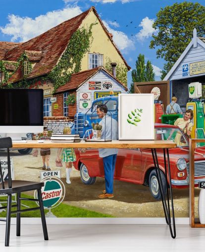 mural de pared personalizado de gasolineras de la era pasada de Trevor Mitchell para residencias de ancianos