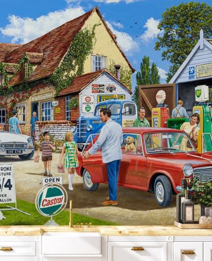 mural de pared personalizado de gasolineras de la era pasada de Trevor Mitchell para residencias de ancianos