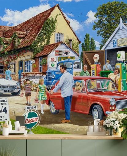 custom bygone era petrol station wall mural by Trevor Mitchell for care homes custom bygone era petrol station wall mural by Trevor Mitchell for care homes