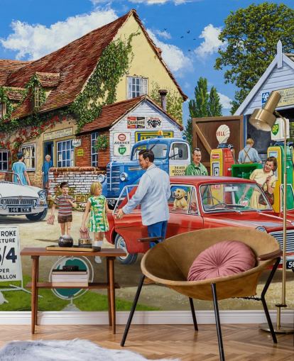 mural de pared personalizado de gasolineras de la era pasada de Trevor Mitchell para residencias de ancianos