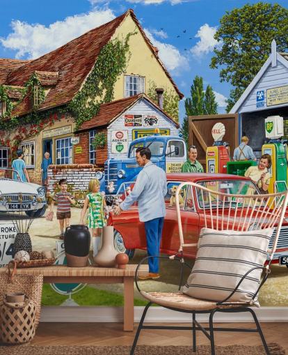 fresque murale personnalisée de station-service d'époque révolue par Trevor Mitchell pour les maisons de retraite