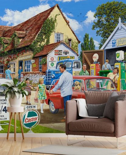 custom bygone era petrol station wall mural by Trevor Mitchell for care homes