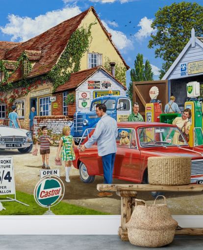 fresque murale personnalisée de station-service d'époque révolue par Trevor Mitchell pour les maisons de retraite
