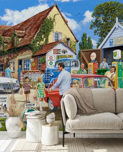 custom bygone era petrol station wall mural by Trevor Mitchell for care homes