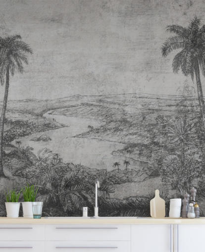 mural de papel pintado rústico vintage de palmeras en el desierto