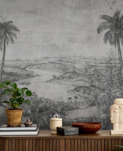 carta da parati murale con palme nel deserto, rustico, vintage, giungla