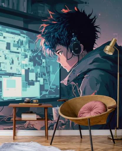 mural de parede de anime personalizável chamado Anime Computer para quartos de adolescentes