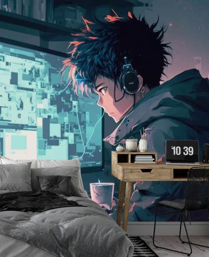 mural de parede de anime personalizável chamado Anime Computer para quartos de adolescentes