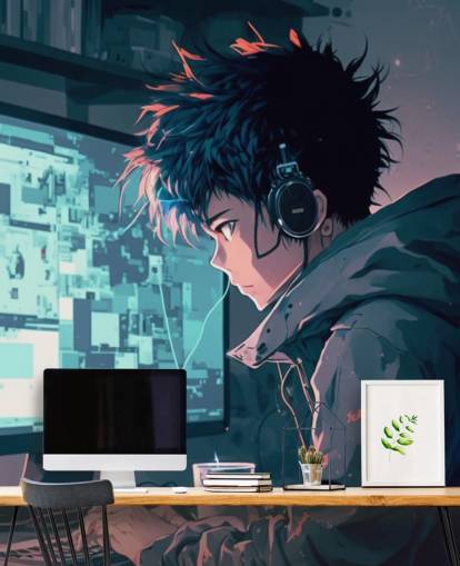 murale anime personalizzabile chiamato Anime Computer per camere da letto per adolescenti