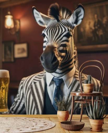 aanpasbare grappige behangmuurschildering genaamd Zebra with a Pint 