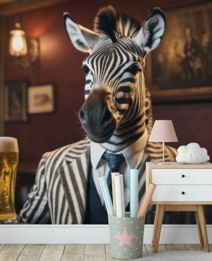 tilpassbart morsomt tapetmaleri kalt Zebra med en halvliter 
