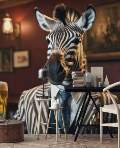 divertido mural de papel pintado personalizable llamado Zebra with a Pint 