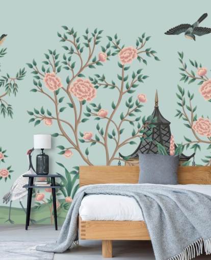 blå och rosa chinoiserie tapet som heter Chinoiserie Rose Garden och Pagoda för sovrum och vardagsrum