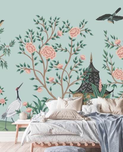 blaue und rosafarbene Chinoiserie-Tapete namens Chinoiserie Rose Garden and Pagoda für Schlafzimmer und Wohnzimmer