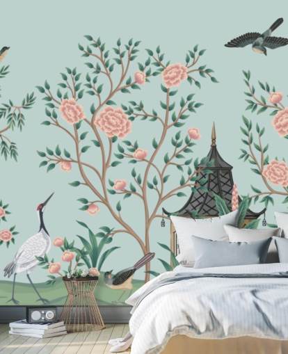 blå og lyserød chinoiserie tapet kaldet Chinoiserie Rose Garden og Pagoda til soveværelser og stuer