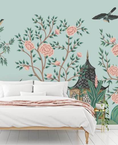 blå og rosa chinoiserie tapet kalt Chinoiserie Rose Garden og Pagoda for soverom og stuer