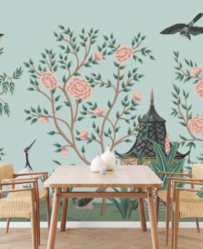 blaue und rosafarbene Chinoiserie-Tapete namens Chinoiserie Rose Garden and Pagoda für Schlafzimmer und Wohnzimmer blaue und rosafarbene Chinoiserie-Tapete namens Chinoiserie Rose Garden and Pagoda für Schlafzimmer und Wohnzimmer