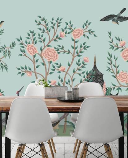blue and pink chinoiserie wallpaper called Chinoiserie Rose Garden and Pagoda for bedrooms and living rooms