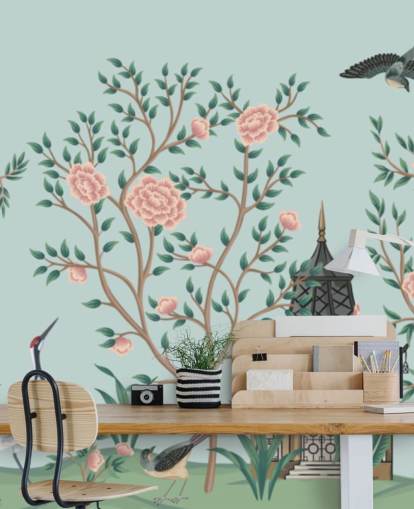 blå og lyserød chinoiserie tapet kaldet Chinoiserie Rose Garden og Pagoda til soveværelser og stuer