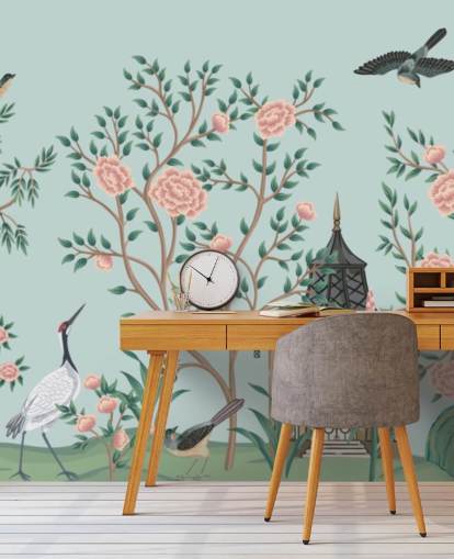 blauw en roze chinoiseriebehang genaamd Chinoiserie Rose Garden and Pagoda voor slaapkamers en woonkamers