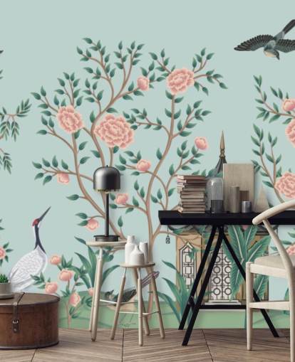 blaue und rosafarbene Chinoiserie-Tapete namens Chinoiserie Rose Garden and Pagoda für Schlafzimmer und Wohnzimmer