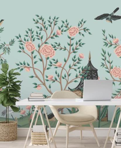 papel pintado de chinoiserie azul y rosa llamado Chinoiserie Rose Garden and Pagoda para dormitorios y salas de estar