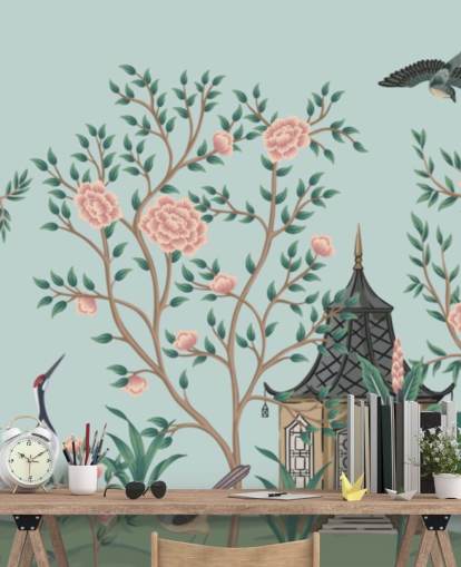 blue and pink chinoiserie wallpaper called Chinoiserie Rose Garden and Pagoda for bedrooms and living rooms blue and pink chinoiserie wallpaper called Chinoiserie Rose Garden and Pagoda for bedrooms and living rooms