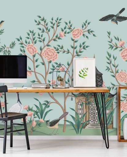 blå og lyserød chinoiserie tapet kaldet Chinoiserie Rose Garden og Pagoda til soveværelser og stuer blå og lyserød chinoiserie tapet kaldet Chinoiserie Rose Garden og Pagoda til soveværelser og stuer