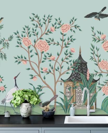 sininen ja vaaleanpunainen chinoiserie-taustakuva nimeltä Chinoiserie Rose Garden ja Pagoda makuuhuoneisiin ja olohuoneisiin
